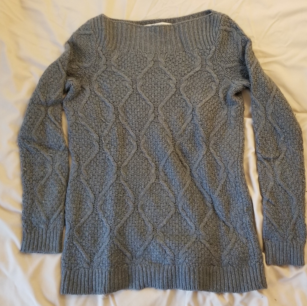 Boat neck gray wool cable knit sweater